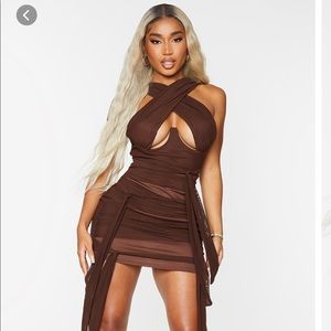 Brown PrettyLittleThing Plus Mesh Mini Dress